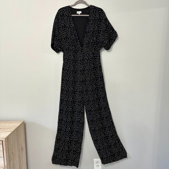 Revolve Shaycation Lisa Jumpsuit M Black White Polka Dot Wide Leg Packable Retro - Picture 2 of 10